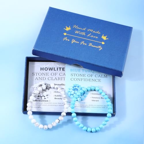 NCB 2.3-Piece 4mm Natural Crystal Gemstone Stretch Bracelets – Handmade Reiki Energy Healing Jewelry for Meditation,Yoga, Unisex - color: 2PCS ( Blue Turquoise+Howlite ), size: 6mm