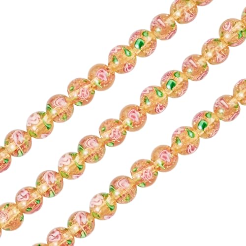 Cheriswelry 40Pcs/Strand Gold Sand Lampwork Beads Handmade Glass Round with Flower Loose Beads 10mm for Rosary Making Necklace Earring Jewelry Supplies(Gold) - color: Gold