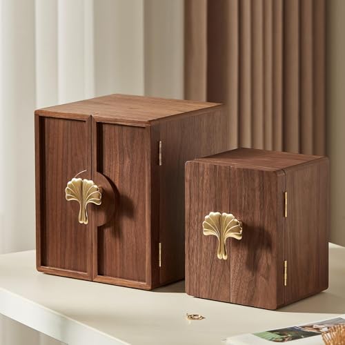 CHOSIN Black Walnut Wooden Jewelry Box 5 Layer Large Wood Jewelry Organizer Brass Handle for Necklaces Rings Earrings Watches Storage Monther Mothers Day Gifts for Mom (7.9x8.7x10.0inches) - style: Ginkgo Leaf - Shaped Handle