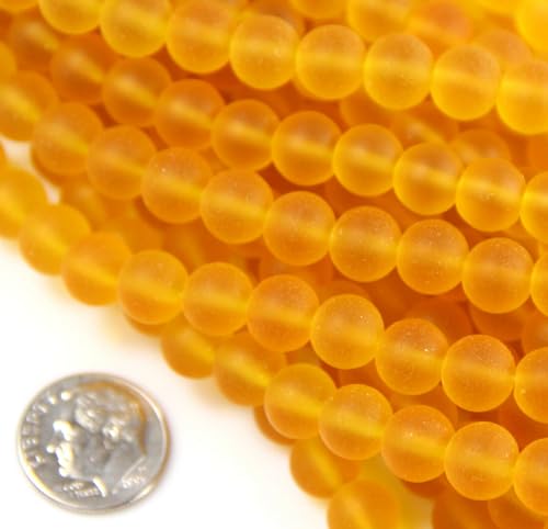 Round Beads, 8mm, Saffron Yellow w/Frosted, Matte, Sea Glass Finish, 26 Pcs