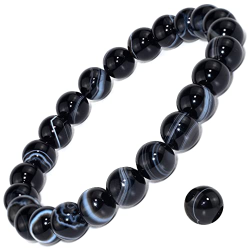 8mm Natural Gemstone Stretch Bracelet, Handmade Unisex Crystal Bracelets for Meditation, Yoga, Spiritual Healing & Positive Energy - color: Black Sardonyx