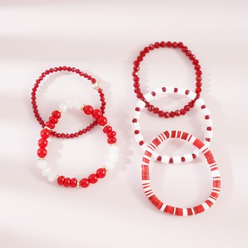 RISHEGAE Heishi Beaded Stretch Bracelets for Women Stackable Polymer Clay Beads Bracelets Friendship Boho Summer Beach Bracelet Jewelry Set - color: C-Red Bracelet
