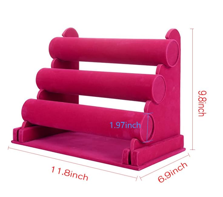 ChezMax Triple Tier Jewery Display Removable Bracelet Holder Jewelry Stand Necklace Stand Jewelry Towers and Watch Holder for Home Organization - color: B- Rose Red Velvet