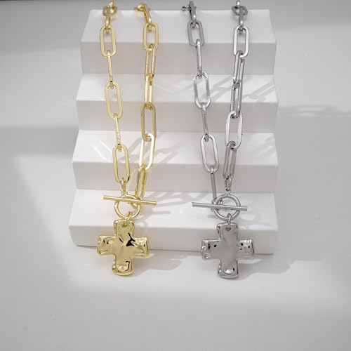 Bheop Chunky Cross Necklace for Women Trendy 14K Gold Silver Layered Statement Cross Pendant Charm Necklace Waterproof Paperclip Herringbone Snake Choker Chain Christian Jewelry Set Gift Non Tarnish - style: SL-Toggle Necklace（1 inch Pendant）