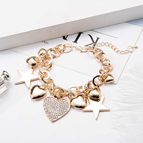 SILANER Gold Chain Link Bracelet - 7"+ 2" Extender 14K Gold Plated Love Locked Bracelets for Women, with Crystal, Love Heart,Key, Lock, Charm Bracelet - color: Stars and Hearts Charm