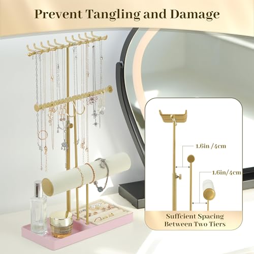 Tirzah 3-Tier Adjustable Gold Jewelry Holder Organizer Stand with 20 Necklace Hooks, 18 Earring Holes and Notches, Bracelet Holder, 6 Ring Rolls, Pink Tray for Girls, Women - color: Gold & Pink, for Necklace Earring Bracelet