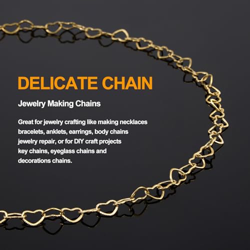 KYUNHOO 13 Feet Gold Plated Jewelry Making Chains Bulk on Spool Hollow Heart Links Chain for Crafting Stainless Steel Necklace Bracelet Making Supplies with Lobster Clasps Jump Rings - color: Heart Gold