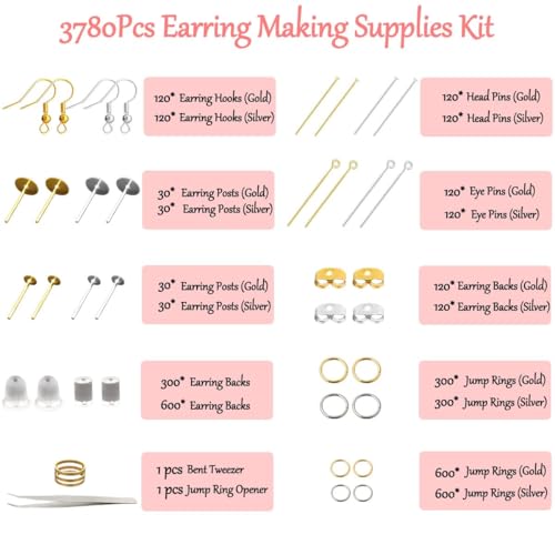 3780Pcs Earring Making Supplies Kit, Hardware Pieces Repair Parts With Hooks, Pins, Jump Rings, Backs, Posts and Findings for Jewelry Making