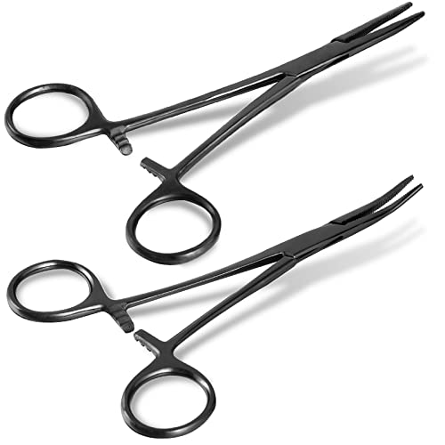 BBTO Hemostat Curved and Straight Hemostat Forceps Piercing Pliers Forceps, Stainless Steel Straight and Curved Pliers, Fishing Tweezer(Black,2 Pcs) - color: Black