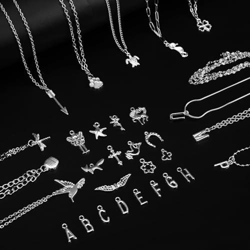 AQNJC Silver Chain for Jewelry Making, 98 Feet 12 Rolls Jewelry Chains with Silver Letter Charms for Women DIY Necklace Bracelet Making Supplies with Jump Rings, Lobster Clasps, Connectors - color: 12 Rolls Silver Necklace Chains with Silver Charms