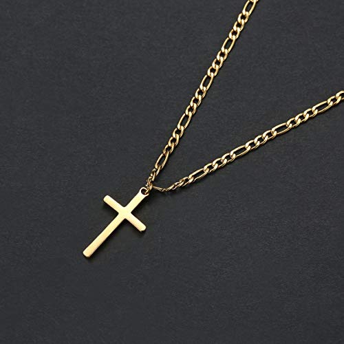 Joxevyia 14K Gold Filled Cross Necklace for Men Figaro Chain Stainless Steel Polished Cross Pendant Necklace Simple Baptism Faith Jewelry Gift - size: 20 inches, style: Big cross pendant(1.2"*0.7")