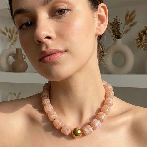 Mchic Colorful Beaded Choker Necklace for Women: Boho Large Square Acrylic Beaded Necklace Stainless Steel Adjustable Surfer Beach Strand Necklaces Summer Handmade Jewelry Gift for Women - color: Beige