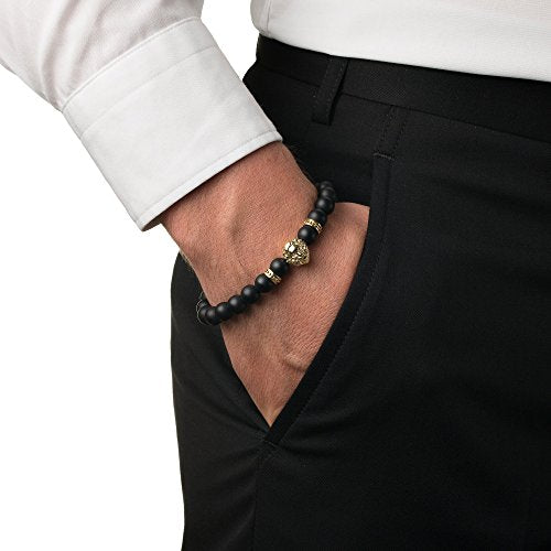 Ourania Onyx Lion Stone Bracelet Men - Black Onyx Beaded Stainless Steel Leo Head Bracelet Women 8mm - color: Gold