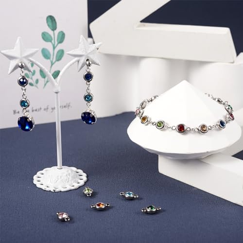 Pandahall 34Pcs Rhinestone Connector Charms Birthstone Charms Stainless Steel Links Connectors Flat Round Linking Charms Glass Gemstone Crystal Pendant for Christmas Bracelet Earring Jewelry Making
