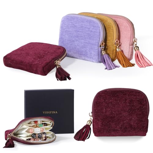 Travel Jewelry Case, Small Velvet Jewelry Bag with Zipper, 5-Layer Anti-Scratch Pouch for Bracelets Necklaces Earrings, Tangle-Free Jewelry Storage, Gift for Her Chenille Velvet Red Purple - color: Red Purple