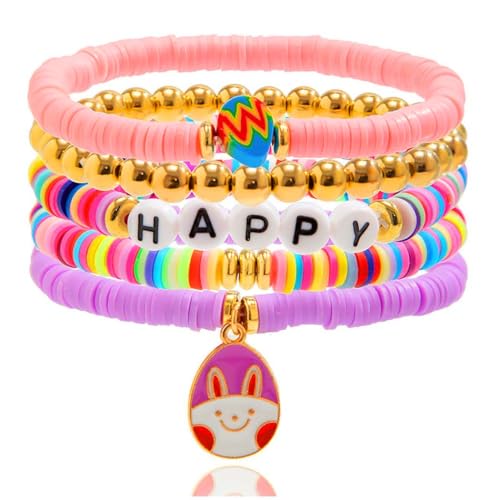 JEWEKY Easter Heishi Bracelets Gold Beaded Polymer Clay Bunny Pendant Bracelet Jewelry Accessories - color: A-Easter