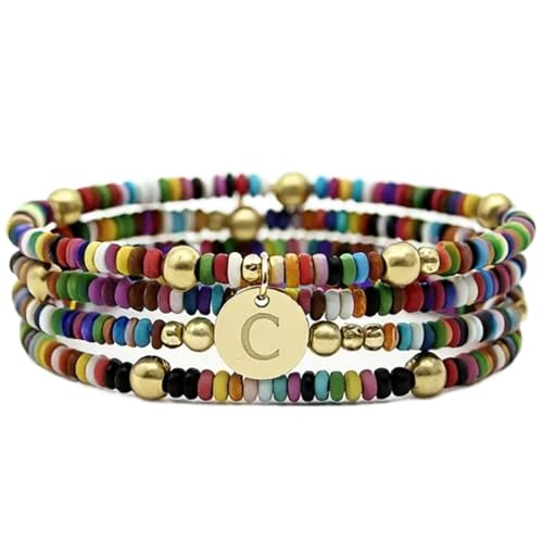 Set of 4 Colorful Bead Initial Bracelets, Personalized Stackable Jewelry, Adjustable Stretchy Charm Bracelets for Women, Beaded Bracelet Set, Trendy Custom Jewelry Gift - style: Colorful Bead - C