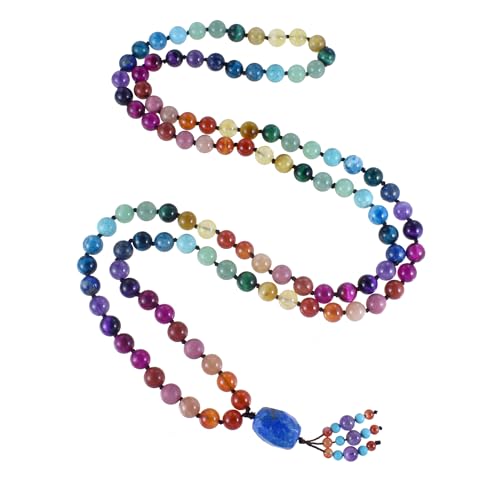 108 Mala Beads Genuine Semi-Precious Gemstone Hand Knotted 8MM Prayer Beads Long Multicolor Necklace 40 Inches - style: chakra