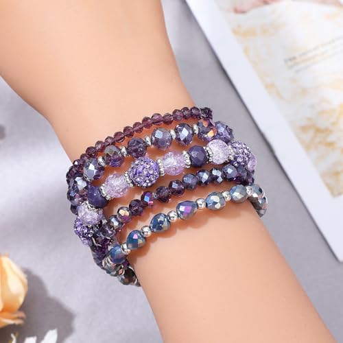 5Pcs Beaded Bracelets for Women, Bohemian Glass Faceted Crystal Beads Bracelet, Stackable Boho Disco Ball Stretch Bracelets, Multilayered Purple Jewelry Gift for Women, Mother's Day - color: Purple