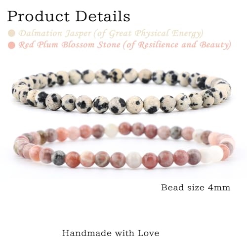 NCB 2.3-Piece 4mm Natural Crystal Gemstone Stretch Bracelets – Handmade Reiki Energy Healing Jewelry for Meditation,Yoga, Unisex - color: 2PCS ( Dalmation Jasper+Red Plum Blossom Stone ), size: 4mm