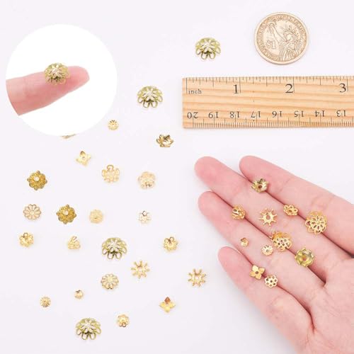 SUNNYCLUE 1 Box 240Pcs Metal Bead Caps 12 Different Flower Bead Ends Filigree Petal Brass Bead Caps Alloy Beads Spacer Accessories with Clear Box for Jewelry Making, Golden - color: 240pcs Golden