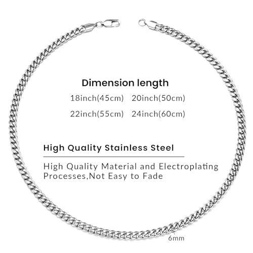 4/6mm Cuban Link Chains for Men - Gold/Silver Plated Stainless Steel Miami Curb Chain Necklace - No Tarnish Hip Hop Mens Jewelry, 18"/20"/22"/24" - color: 6MM Silver Chain, size: 20inch
