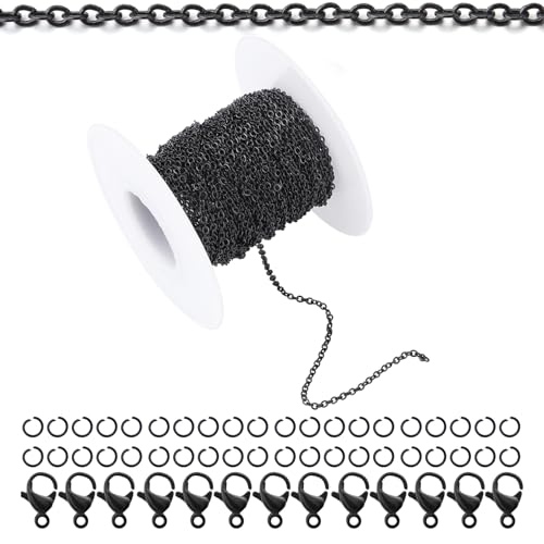 66Feet Black Stainless Steel Necklace Chains Cable Link Chains for Jewelry Making DIY Craft Kit with Lobster Clasps Jump Rings - color: 66Feet-Black, size: 2.0mm
