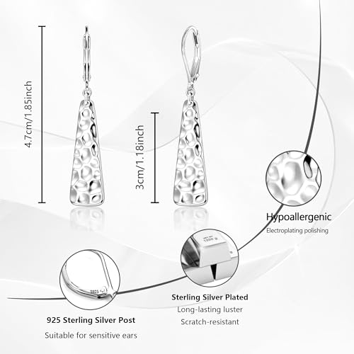 ALEXCRAFT 925 Sterling Silver Dangle Earrings for Women, 14K Gold Plated French Leverback Earrings, Hypoallergenic Lightweight Statement Hammer Square Bar Long Drop Earing for Women Trendy Jewelry - color: SilverA