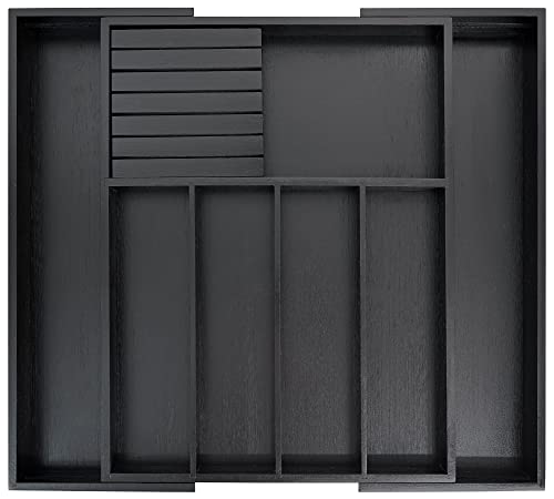 VaeFae Bamboo Silverware Drawer Organizer Kitchen, Expandable Utensil Organizer with Knife Block, Cutlery Tray with Divider, Multifunctional Drawer Organizer (Black) - color: Black, size: Large