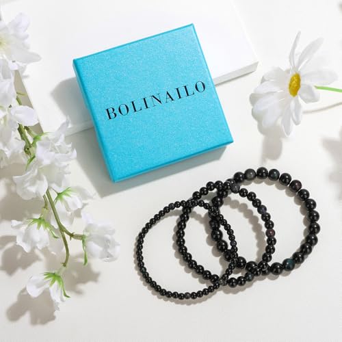 3Pcs Natural Healing Crystal Bracelets for Women Men, 4mm 6mm 8mm Beaded Stretch Bracelet Set, Black Tourmaline Natural Stone Gemstone Jewelry Gifts for Meditation, Reiki & Yoga - color: Black Obsidian