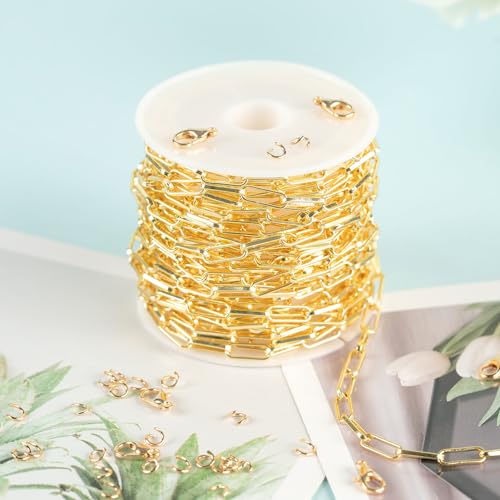 YOUBEIYEE 16.4 Feet 18K Gold Plated Brass Chain Roll Flat Paperclip Chain for Jewelry Making Handmade Women Necklace Bracelet DIY Jewelry Findings - color: Flat Paperclip