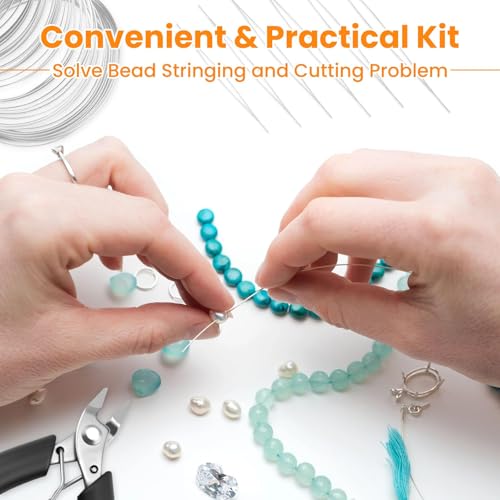 100 Loops Silver Memory Beading Wire with Cutter Tool and 6 Size Beading Needles for Jewelry Making, DIY Bracelet Necklace Ring Earring Craft, Solve Bead Stringing and Cutting Problem