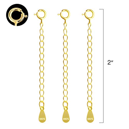 3 Pcs Necklace Extender, 925 Sterling Silver Extension for Jewelry Necklace Bracelet Anklet Extenders for Women Jewelry Making Chains 2 inch, Gold - color: 3 Golden Extension Chains