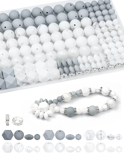 FIVEIZERO 172PCS Silicone Beads for Keychain Making, 6 White Shades | 4 Assorted Shapes, Includes Rhinestone Spacers, Premium Silicone, Easy to Clean, Durable and Flexible - color: white