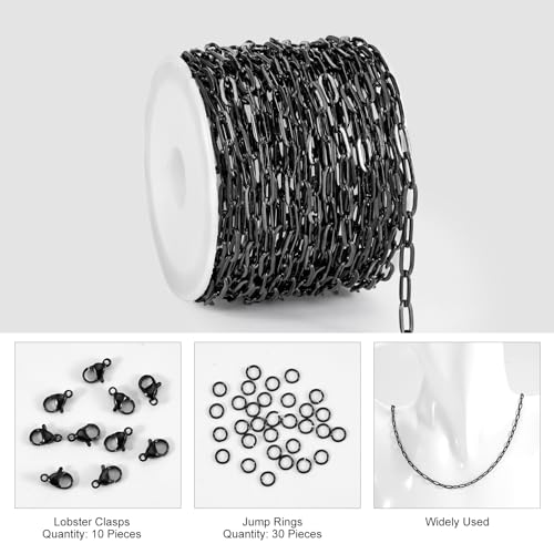 Kyutong 5 Meters Stainless Steel Necklace Chains Bulk on Roll Small Paper Clip Links with Jewelry Connectors Black Paperclip Craft Chain for Men Women DIY Handcrafts - color: black paperclip