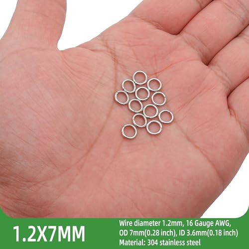 500PCS 7mm 1.2mm Thick Heavy Duty 16 Gauge Stainless Steel Jump Rings, Unwelded Metal Round Strong Craft O Ring for Necklace Bracelet Keychain Chainmail Jewelry Making - size: 7mm OD-1.2mm Thick-16 Gauge