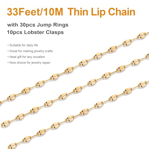 Kyutong 32.8 Feet Thin Stainless Steel Lip Chain Roll Gold Chain for Jewelry Making for Necklace Choker Bracelet DIY Jewelry Craft Supplies - color: Gold Lip
