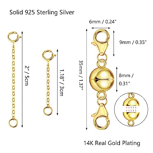 Magnetic Necklace Clasps and Closures 14K Gold Plated 925 Sterling Silver Necklace Extender Magnetic Jewelry Clasps for Bracelet Extenders - color: B-14K Gold