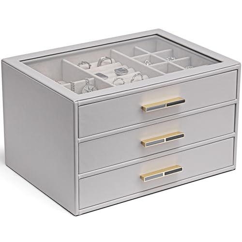 VLANDO Jewelry Box for Women, Glass Lid Jewelry Organizer with 3 Drawers for Necklaces Rings Earrings Bracelets - Grey - color: C. Grey, size: 3-Layer