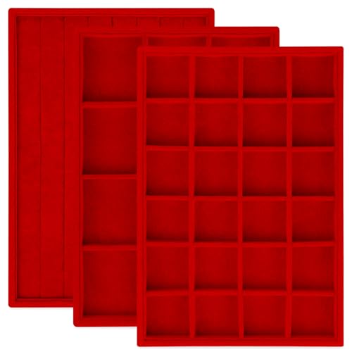 Rocutus Jewelry Trays,3 Pack Stackable Velvet Jewelry Organizer Tray Drawer Jewelry Storage Tray,Divided Ring Organizer Tray for Earrings, Necklaces, Bracelets,13.8"x9.5"x1.2" (Red) - color: Red