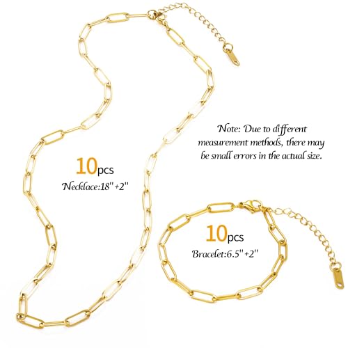 20 Pcs Chain Necklace Bracelets Kit, 18K Gold Paperclip Chain, Including 18 Inch Necklace & 6.5 Inch Charm Bracelet with Lobster Clasps, Perfect for Women DIY Jewelry Making - color: 20 PCS 18K Gold
