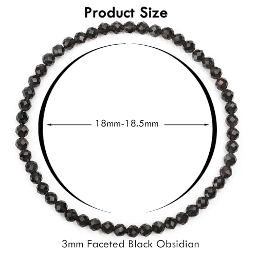 BONNY BOXX Natural Genuine Gemstone Faceted Round Beads Bracelets, 3mm Adjustable Stretchy Tiny Faceted Black Tourmaline Bracelet, Healing Crystal Reiki Chakra Dainty Jewelry Fashion Gifts - color: Black Obsidian