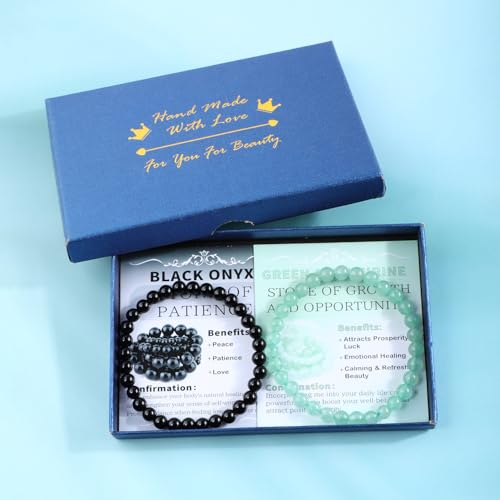 NCB 2.3-Piece 4mm Natural Crystal Gemstone Stretch Bracelets – Handmade Reiki Energy Healing Jewelry for Meditation,Yoga, Unisex - color: 2PCS ( Black Onyx+Green Aventurine ), size: 6mm