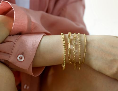 Waterproof Gold Chain Bracelet For Women Non Tarnish,14K Gold Plated Link Dainty Bracelets Stake Layered Bracelet Set Hypoallergen Gold Jewelry - color: Style-4