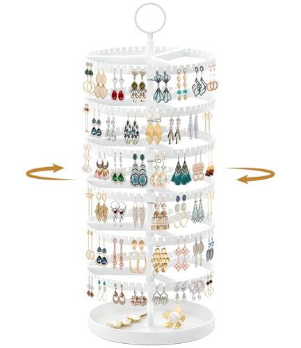 MODOWEY 6 Tier Rotating Earring Holder Organizer Display Tree with Metal Tray, Adjustable Plastic Stand with 342 Slots for Stud Hoop Hanger, Large Capacity Storage Rack for Women Space-Saving, White - color: White