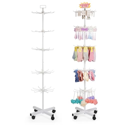 5-Tier Metal Spinning Display Stand Rack with Wheels, Keychain Jewelry Stocking Hat Display Stand, White - color: White