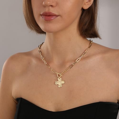 Bheop Chunky Cross Necklace for Women Trendy 14K Gold Silver Layered Statement Cross Pendant Charm Necklace Waterproof Paperclip Herringbone Snake Choker Chain Christian Jewelry Set Gift Non Tarnish - style: GD-Toggle Necklace（1 inch Pendant)