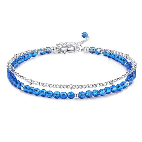 Peridot Stand Silver Gold Bracelets, Handmade Birthstone Stack Bracelet Crystal Gemstones Bead Chain Gift for Women, 8" - color: Silver-12-Sea Blue Spinel
