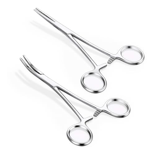 GEMQUEEN Piercing Curved and Straight Forceps for Changing Jewelry - 316L Surgical Stainless Steel Pliers Tool Set Locking Tweezers Clamps for Removal Earrings Lip Nose Rings 2 PCS - color: Silver