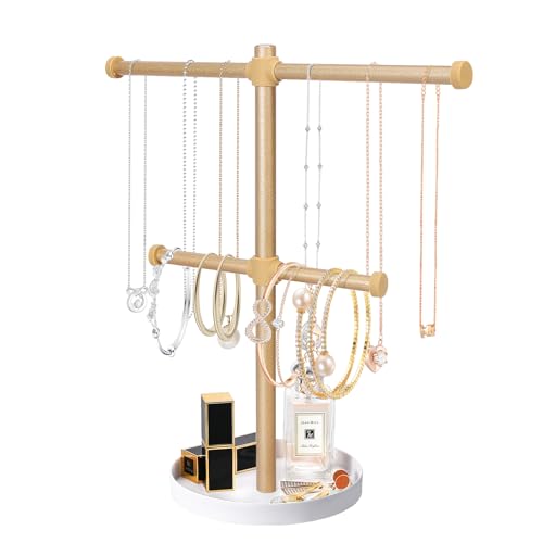 bodkar 2 Tier Gold Jewelry Display Holder, Necklace and Bracelet Hanging Organizer, Metal Tower Stand for Bangles, Necklaces, Rings, Earrings and Watch - color: 2 tier Gold